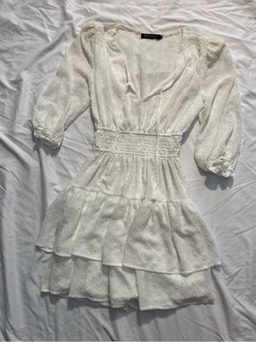 White Textured Swiss Dot Smocked Waist Dress